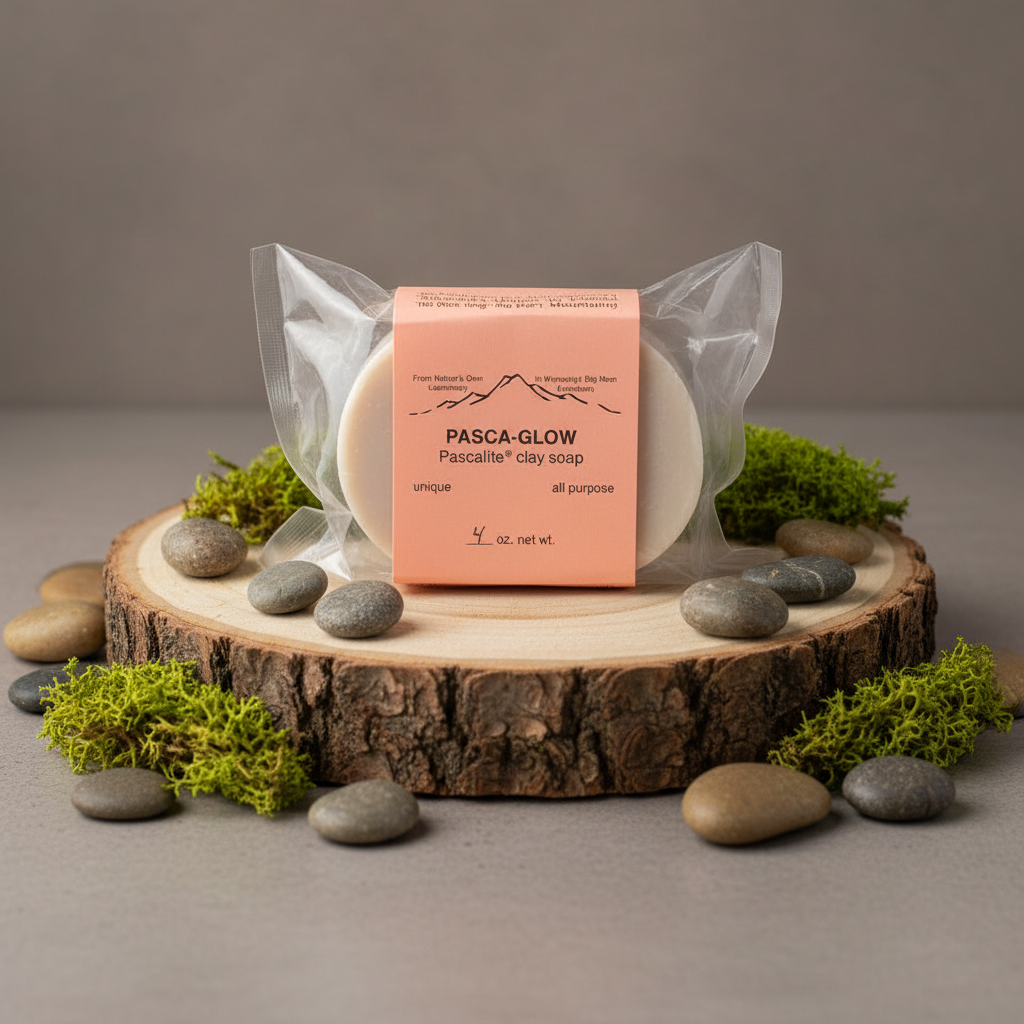 Pasca-Glow Soap natural clay soap bar on wood with moss