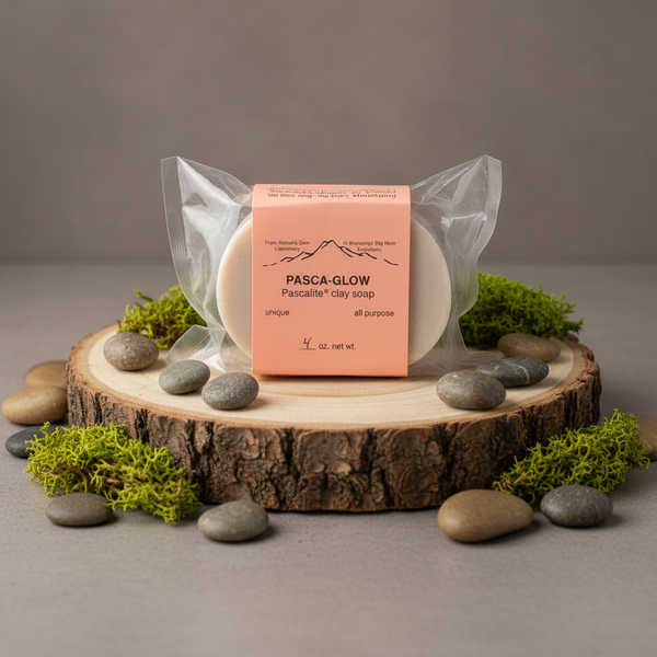 Pasca-Glow Soap natural clay soap bar on wood with moss